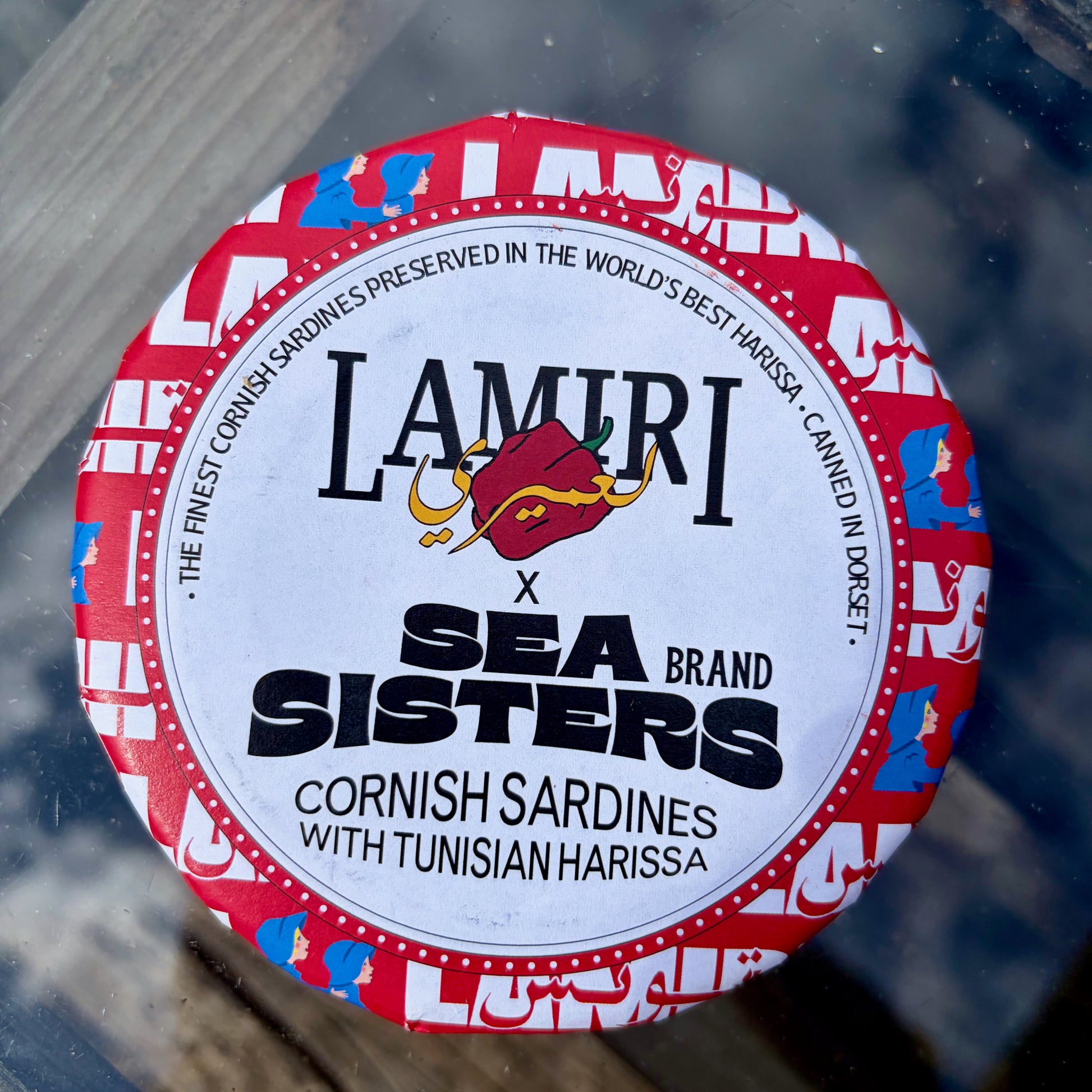 Lamiri x Sea Sisters Cornish Sardines tin with red and white design.