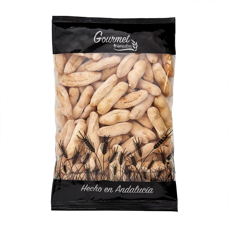 Bag of Gourmet Franjuba Picos de Pan (mini sourdough breadsticks) with branding  on a white background